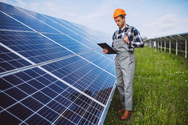 Tehnician verificând un sistem de panouri fotovoltaice